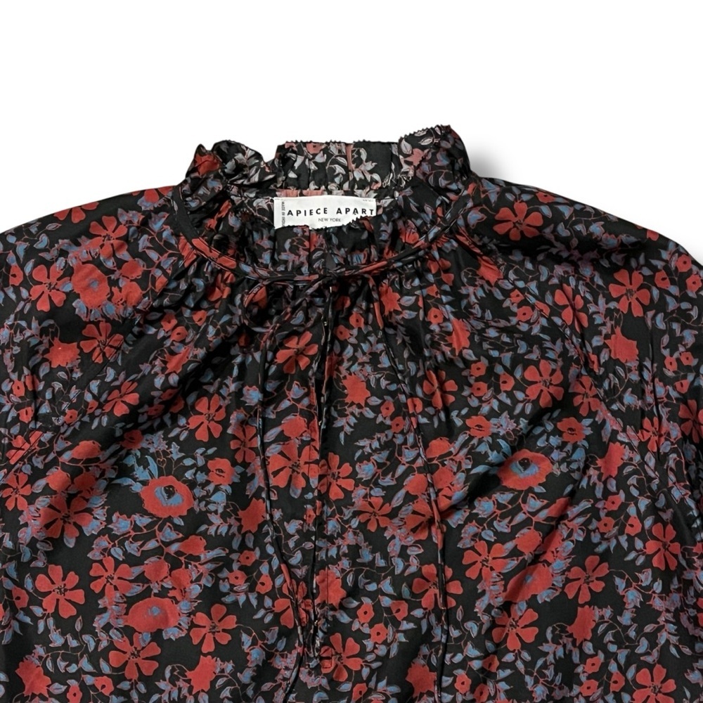 Apiece Apart Silk Blouse Dark Floral Cropped Relaxed Fit Balloon Sleeves Size 0